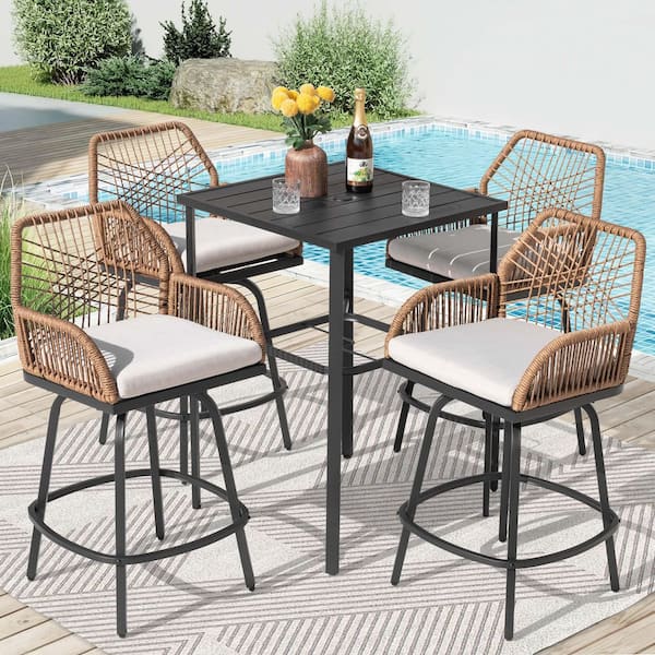 Black 5-Piece Rattan and Metal Square Outdoor Bistro Set with Removable Cushions, Swivel Design