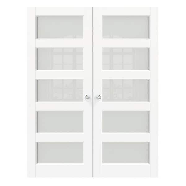 TENONER 64 in. x 80 in. MDF Composite, Primed, White, 5-Lite, Frosted Glass Interior Door Slab with Silver Sphere Doorknob