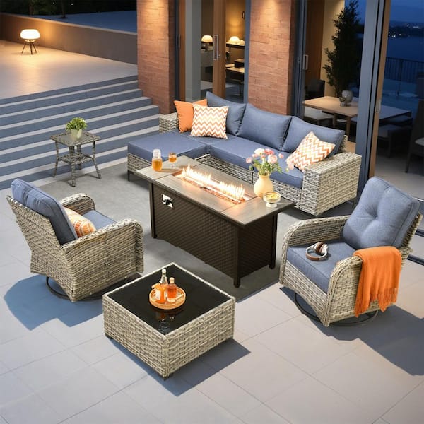 Stellaray 9 Pieces Wicker Outdoor Patio Rectangular Fire Pit Set and Swivel Rocking Chairs with Denim Blue Cushions