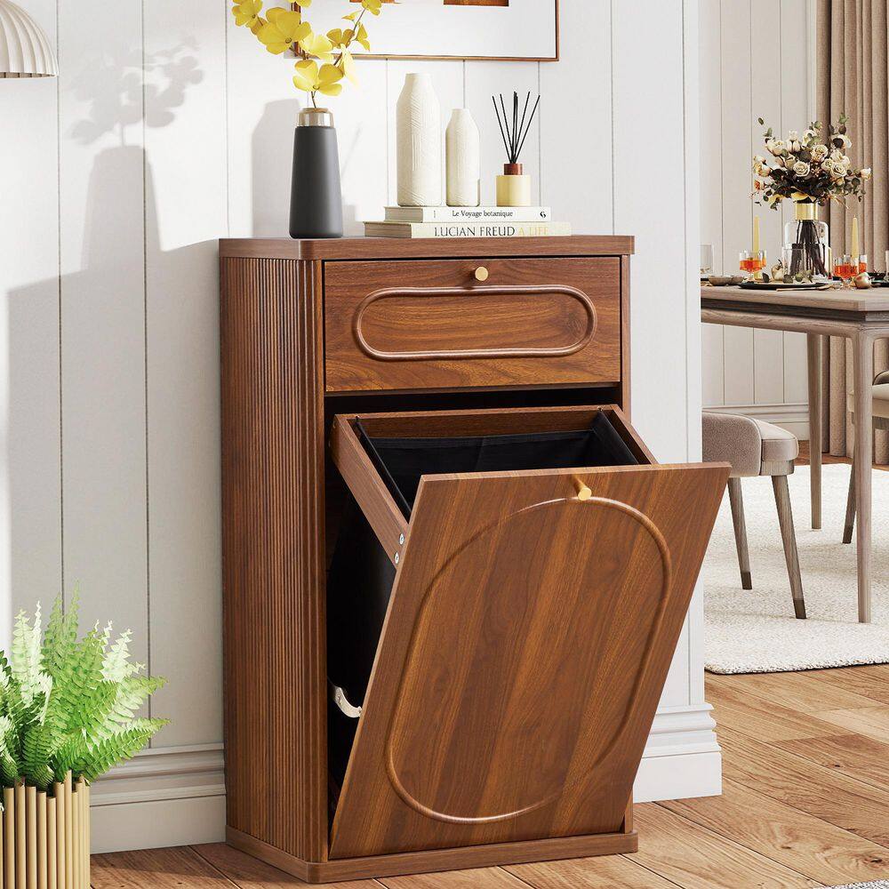 Walnut Rectangle Waste Sliding Cabinet with Drawer (20.59 in. W x 13.18 in. D x 35. 31in. H)