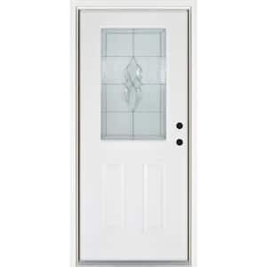 32 in. x 80 in. Left-Hand Inswing 1/2-Lite Scotia Decorative Glass White Finished Fiberglass Prehung Front Door