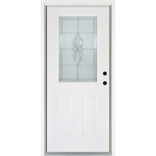 36 in. x 80 in. Scotia Smooth White Left-Hand Inswing 1/2 Lite Decorative Fiberglass Prehung Front Door