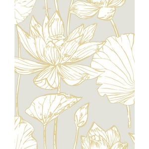 Lotus Metallic Gold And Grey Floral Vinyl Peel & Stick Wallpaper Roll (Covers 30.75 Sq. Ft.)