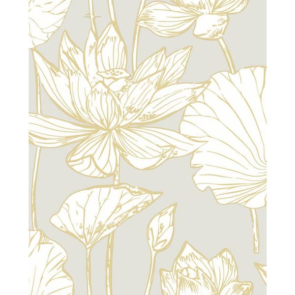 NextWall Lotus Metallic Gold And Grey Floral Vinyl Peel & Stick Wallpaper Roll (Covers 30.75 Sq. Ft.)