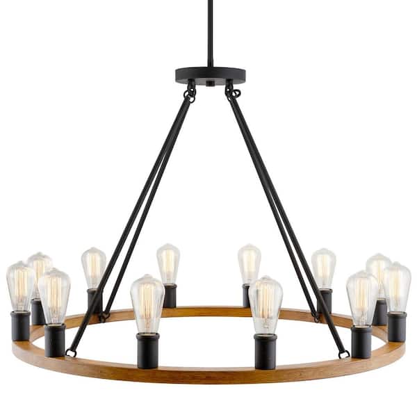 Kira Home Jericho 60-Watt 12-Light Wood Style Farmhouse Chandelier, No Bulb Included