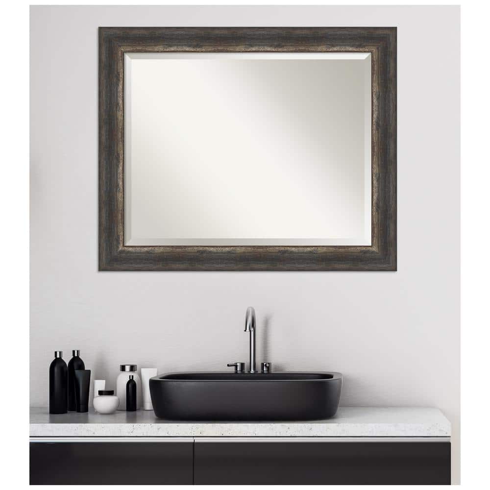 Rustic Char Bronze and Silver Wood Rectangular Wall Mirror 33x27 in