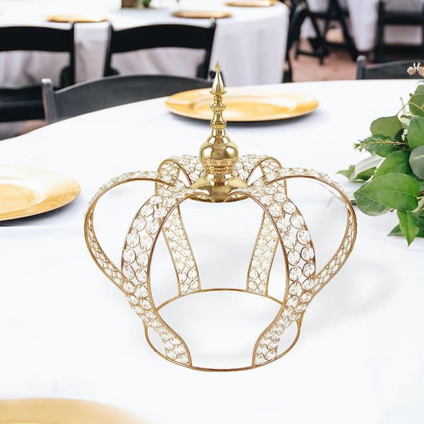 LIVING LUXURY Large Gold Table Decor Decorative Crown Crystal Bead Metal Accent Piece 16 in.