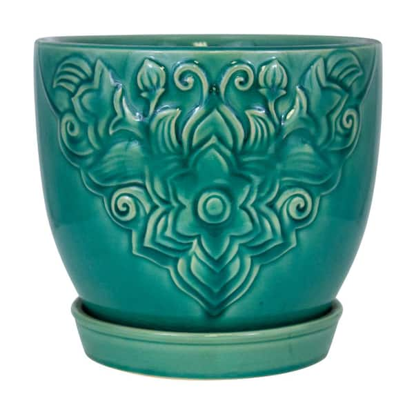 Trendspot 8 in. Teal Florelle Kurv Ceramic Planter