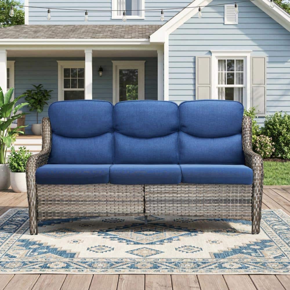 Smiley Gray Wicker Outdoor Couch Patio 3-Seat Sofa Outdoor Sectional Set Rattan Sofa Set with Blue Cushions price history on PriceWatchPro