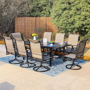 Black 9-Piece Metal Outdoor Patio Dining Set with Extendable Table and Padded Textilene Swivel Chairs