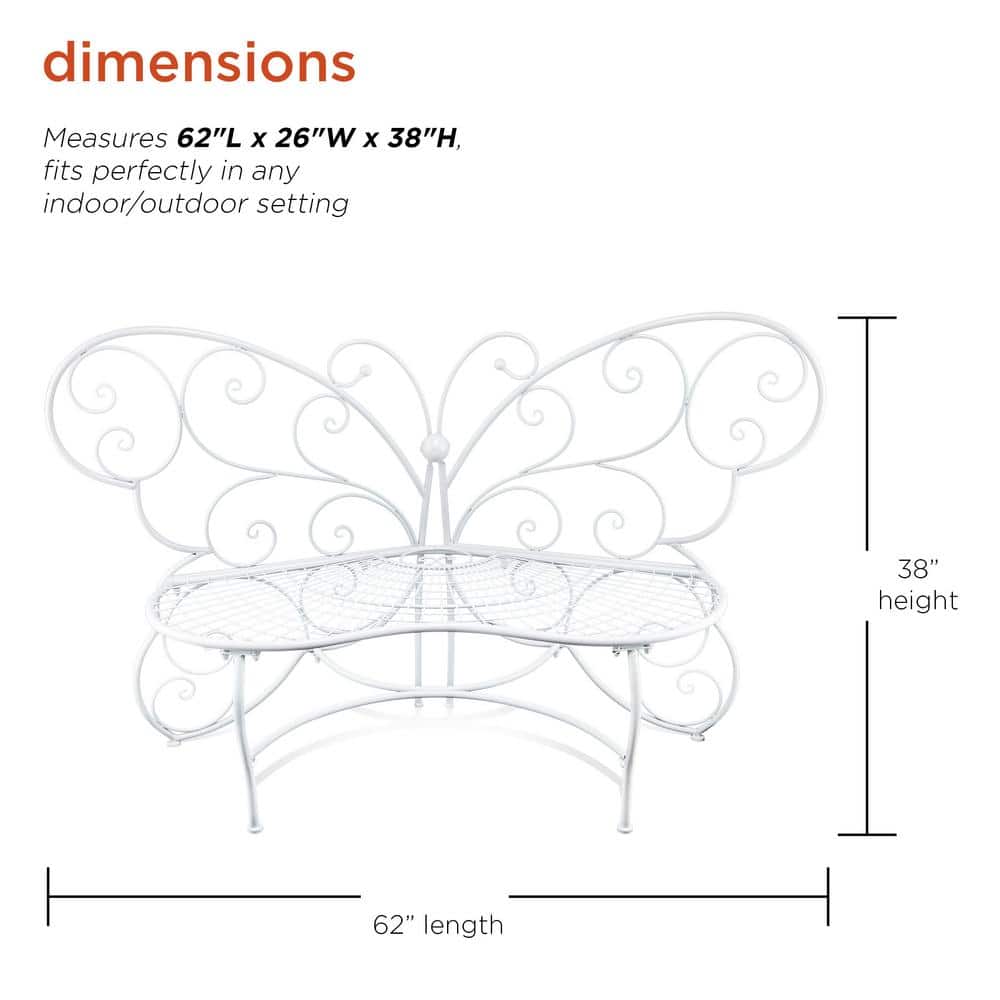 Charming Alpine 62" White Metal Butterfly-Shaped Garden Bench
