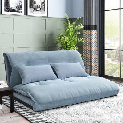 Blue Polyester Fabric Adjustable Folding Futon Sofa Chaise Lounge with 2-Pillows