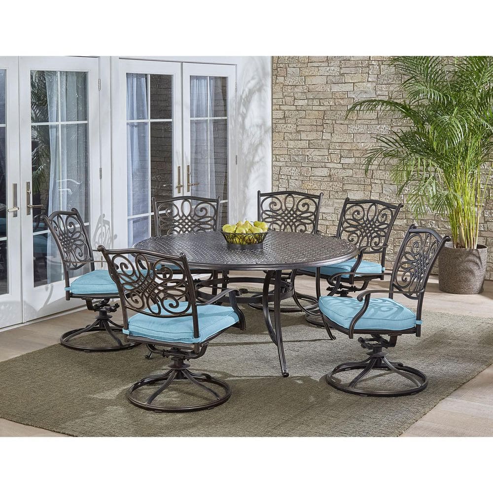 Bronze Cast Aluminum Round Outdoor Dining Set with Blue Cushions