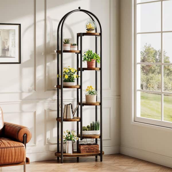 Wellston 71.6 in. Rustic Brown Round Engineered Wood Indoor Plant Stand with 8-Tiers Shelves