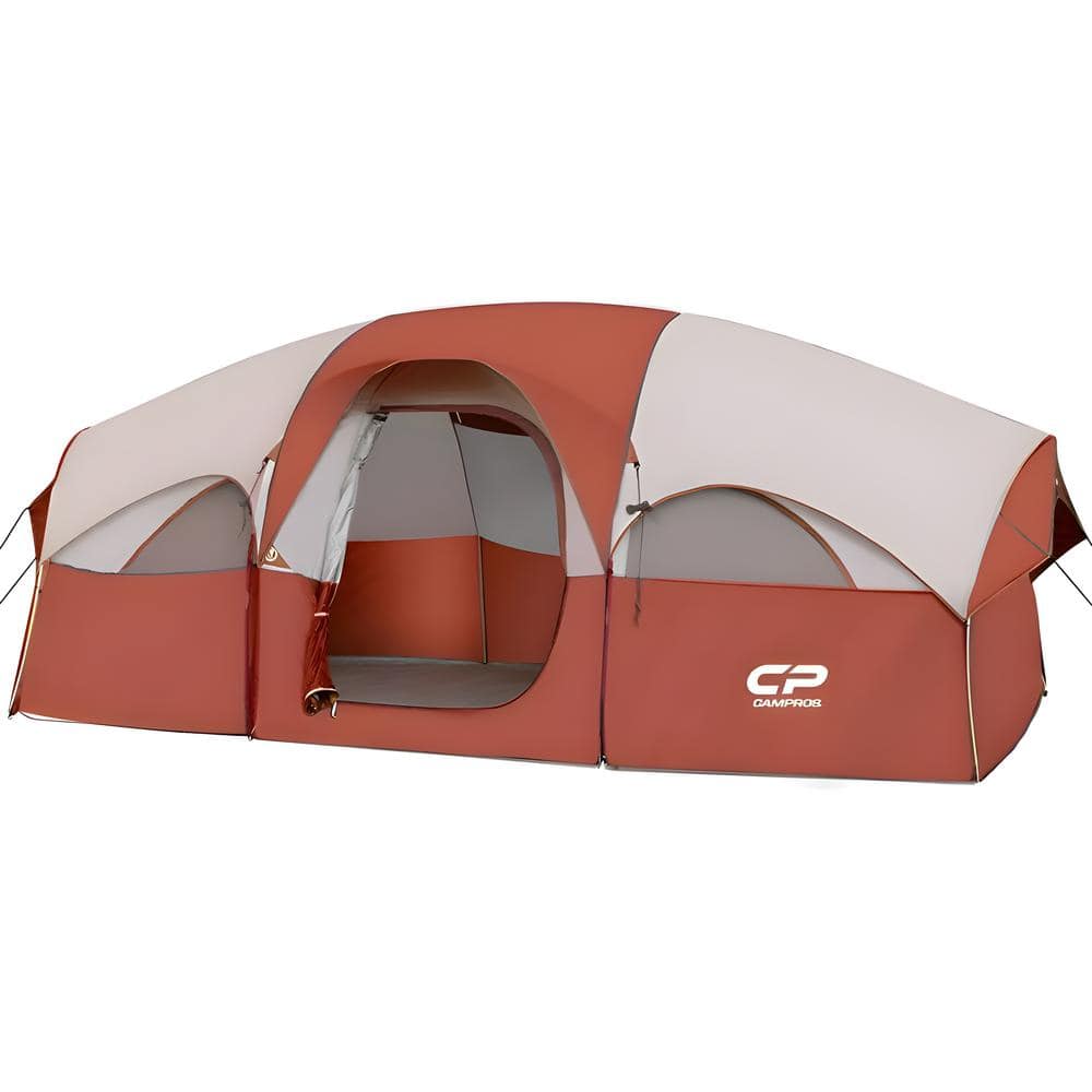 Red 8-Person Camping Tents, Weather Resistant Family Tent, 5 Large Mesh Win
