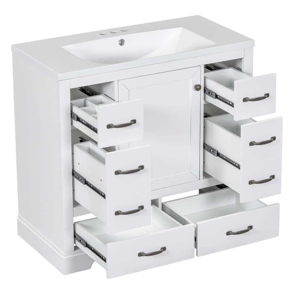 36 in. W x 18 in. D x 35 in. H White Bathroom Vanity with Single Sink and White Ceramic Top 4-Drawer Adjustable Shelf price history on PriceWatchPro