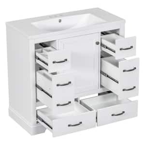36 in. W x 18 in. D x 35 in. H White Bathroom Vanity with Single Sink and White Ceramic Top 4-Drawer Adjustable Shelf