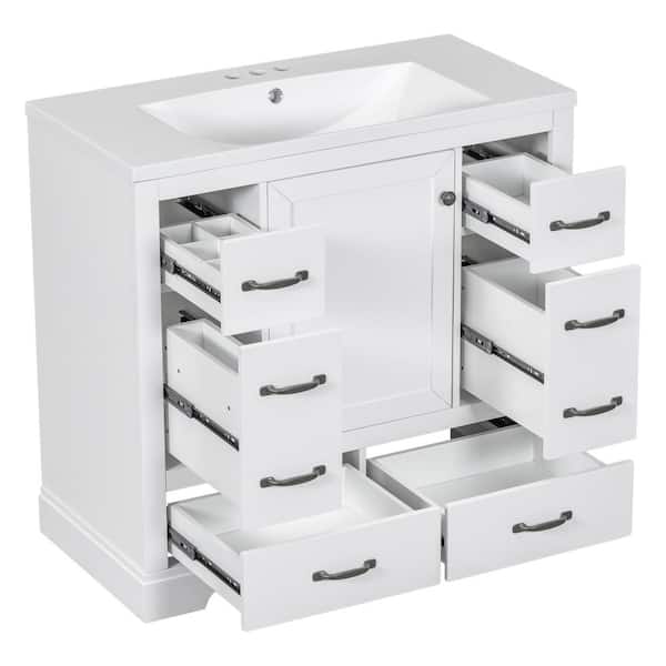 cadeninc 36 in. W x 18 in. D x 35 in. H White Bathroom Vanity with Single Sink and White Ceramic Top 4-Drawer Adjustable Shelf