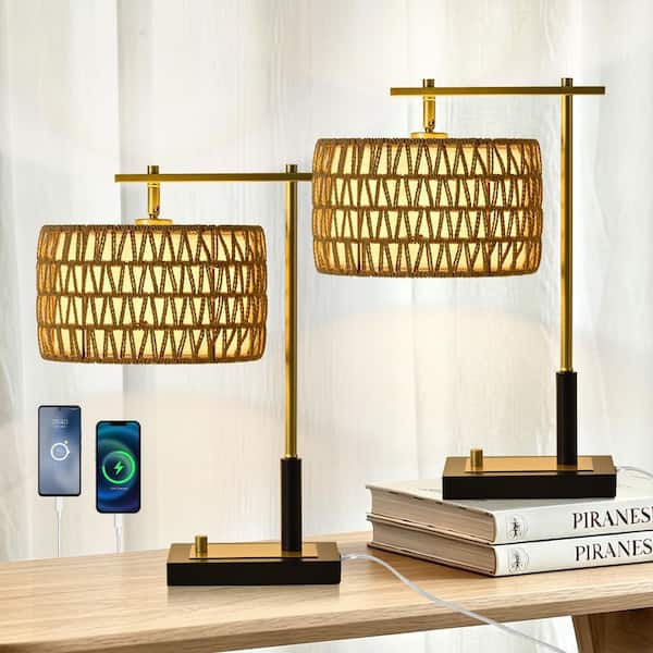 20 in. Antique White Metal Table Lamp, Bedside Lamp 1-USB/Type-C Ports, Dimmable Nightstand Lamp (Set of 2)
