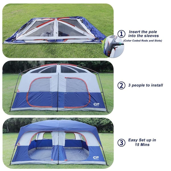 Blue 9 Person Camping Tent with 6 Large Mesh Windows, Double Layer