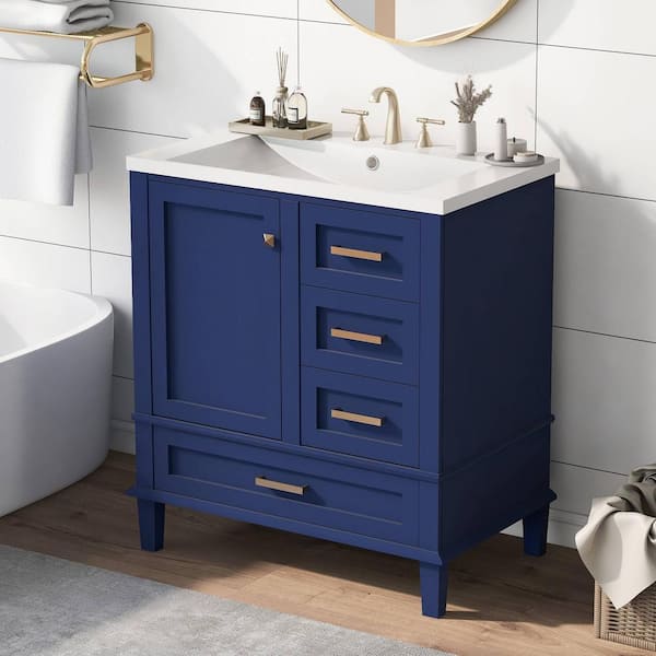 Ami 30 in. W Navy Blue Freestanding With White Resin Top Bathroom Vanity Cabinet With 3 Drawers