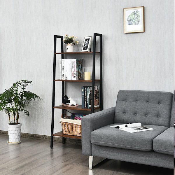 54.5 in. Wood 4-Tier Ladder Shelf Ladder Bookcase Bookshelf Display Rack Plant Stand Wood