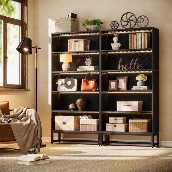 71 in. Tall Black 5-Shelves Standard Wooden Bookcases with Open Storage and LED Strips
