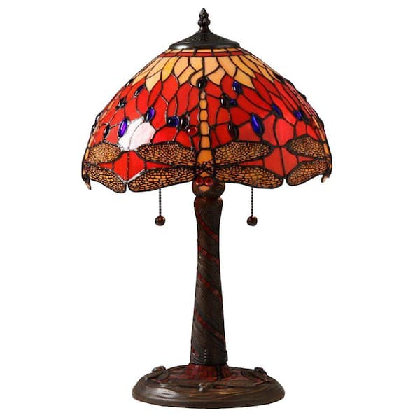 Warehouse of Tiffany 22 in. Red Dragonfly Mosaic Brown Table Lamp with Pull Chain