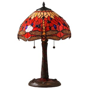 22 in. Red Dragonfly Mosaic Brown Table Lamp with Pull Chain