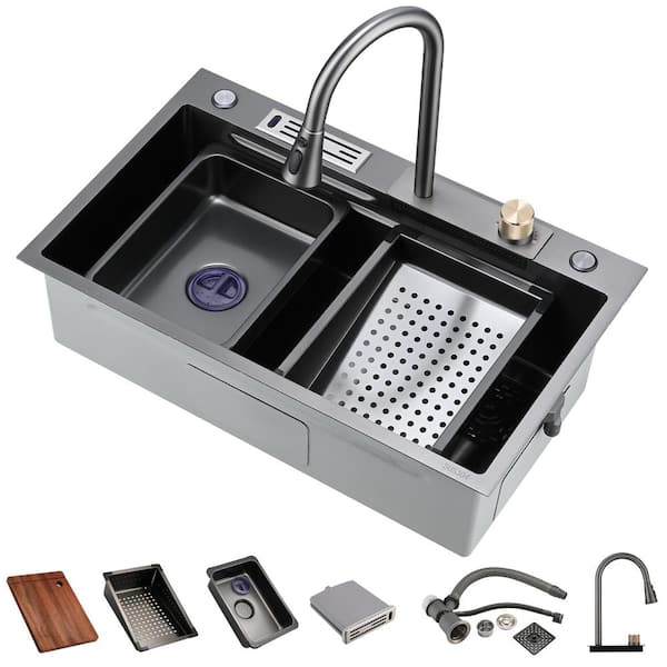 ANGELES HOME 30 in. Drop-in Single Bowl 304 Stainless Steel Flying Rain Waterfall Kitchen Sink Set with Pull Down Faucet Accessories