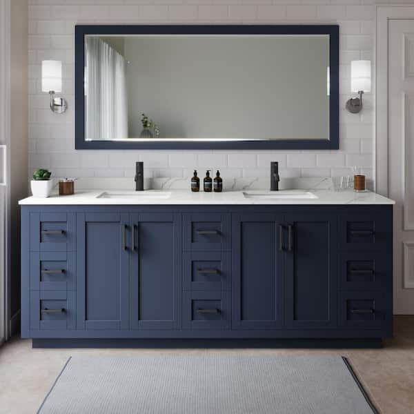 Wyndham Collection Miranda 84 in. W x 22 in. D x 33.75 in. H Double Bath Vanity in Dark Blue with Giotto Quartz Top and 70" Mirror