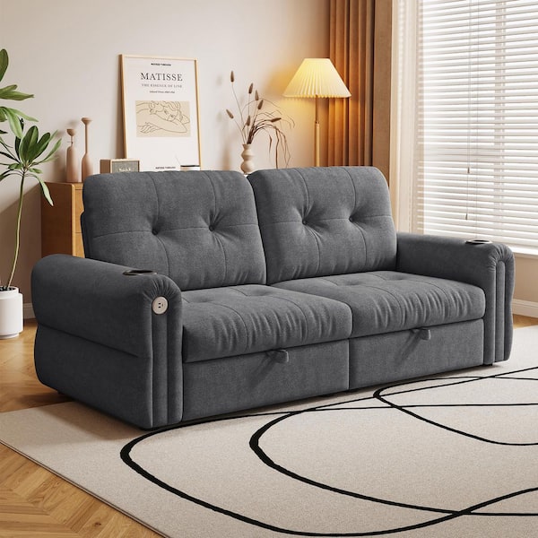 Uvo Modern 77 in. Dark Grey Tufted Chenille Upholstered Queen Size Convertible Sofa Bed w/ Cup Holders and Charging Port