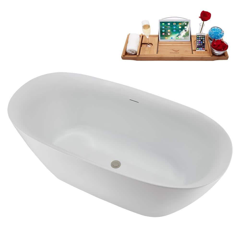 67" White Acrylic Freestanding Soaking Tub with Tray