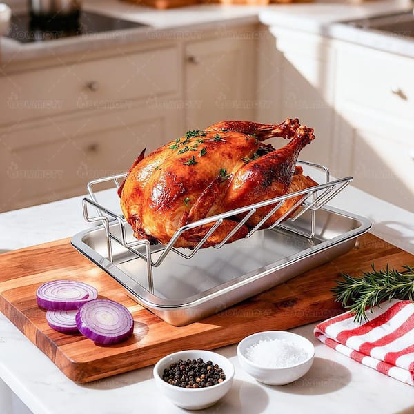 Stainless Steel Dual-Purpose Rib and Turkey Roasting Rack U-Shaped for Smoking Grilling on Large BBQ Grills