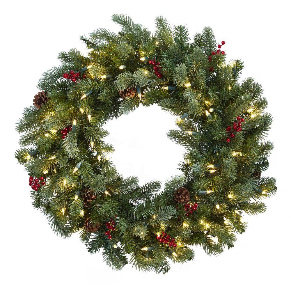 Nearly Natural 30 in. Lighted Pine Artificial Wreath with Berries