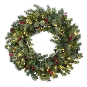 30 in. Lighted Pine Artificial Wreath with Berries and Pine Cones