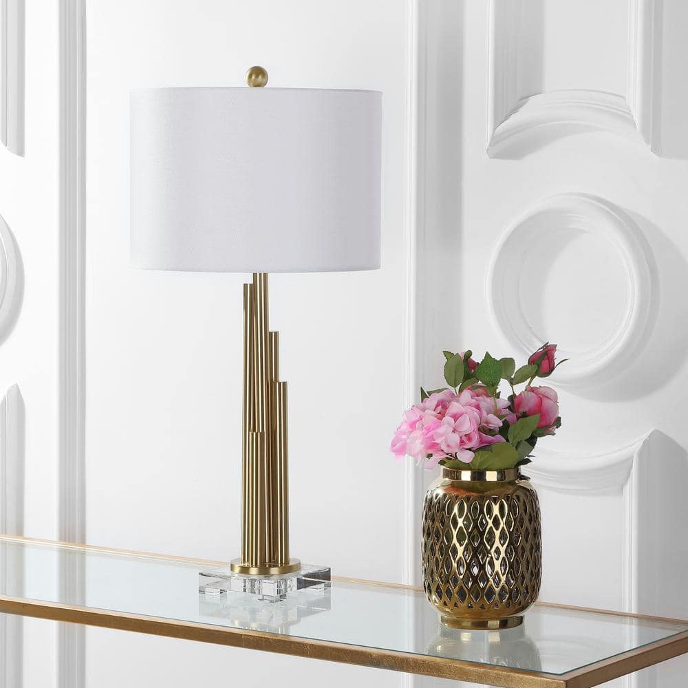 Hopper Brass Gold Table Lamp Set with White Linen Shade