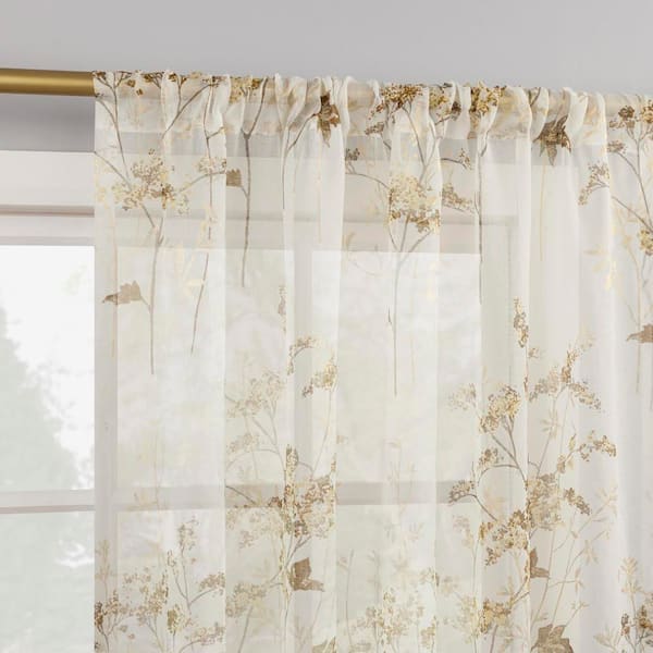 Margot Botanical Print Gold Polyester 50 in. W x 63 in. L Rod Pocket Sheer Curtain (Single Panel)