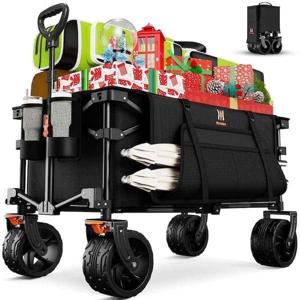 Heavy Duty 330 lb Capacity Collapsible Wagon with 7 Inch All-Terrain Wheels, Locking Brakes and Side Pocket