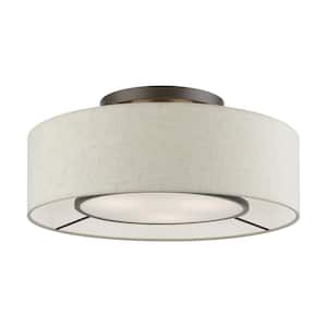 Carrington 17 in. 3-Light English Bronze Semi Flush Mount with Oatmeal Fabric Shade