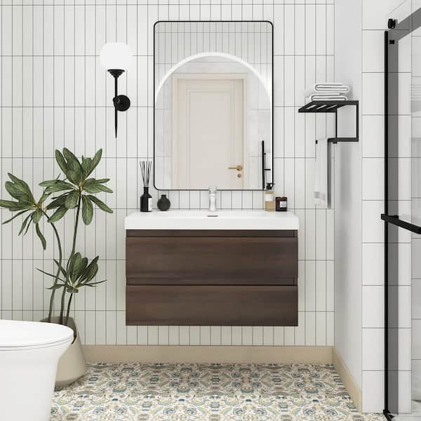 Boosicavelly 36 in. W X 19.5 in. D x 20.5 in. H Single Sink Wall-Mounted Bath Vanity in Grey Oak with White Resin Top