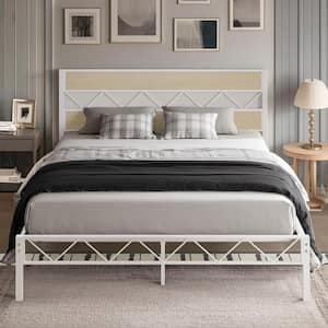 Metal Platform Bed Frame with Rustic Wooden Headboard, Heavy Duty Slats, Noise-Free, Easy Assembly White Queen Bed Frame