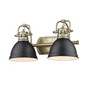 Duncan 8.5 in. 2-Light Aged Brass Vanity Light with Matte Black Shades