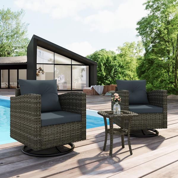 Uixe Rattan Wicker Gray-Brown 2-Piece Swivel Outdoor Rocking Chair Set and Side Table with Dark Gray Cushions