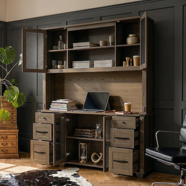 78.7 in. Tall Brown Wood 11-Shelf Standard Bookcase with China Cabinet,Accent Storage Cabinet,Garage Cabinet,Food Pantry