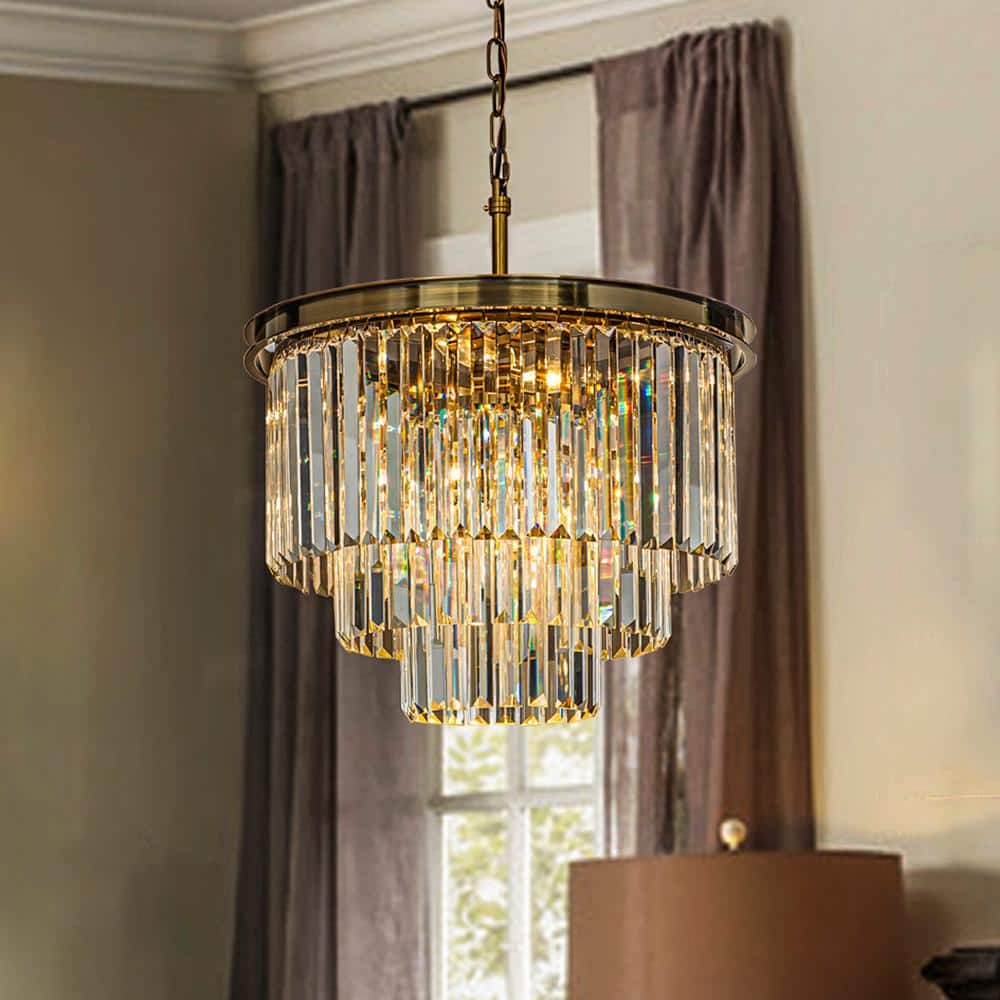 20in 6-Light Modern 3-Tier Round Fringe Crystal Chandelier in Antique Gold 