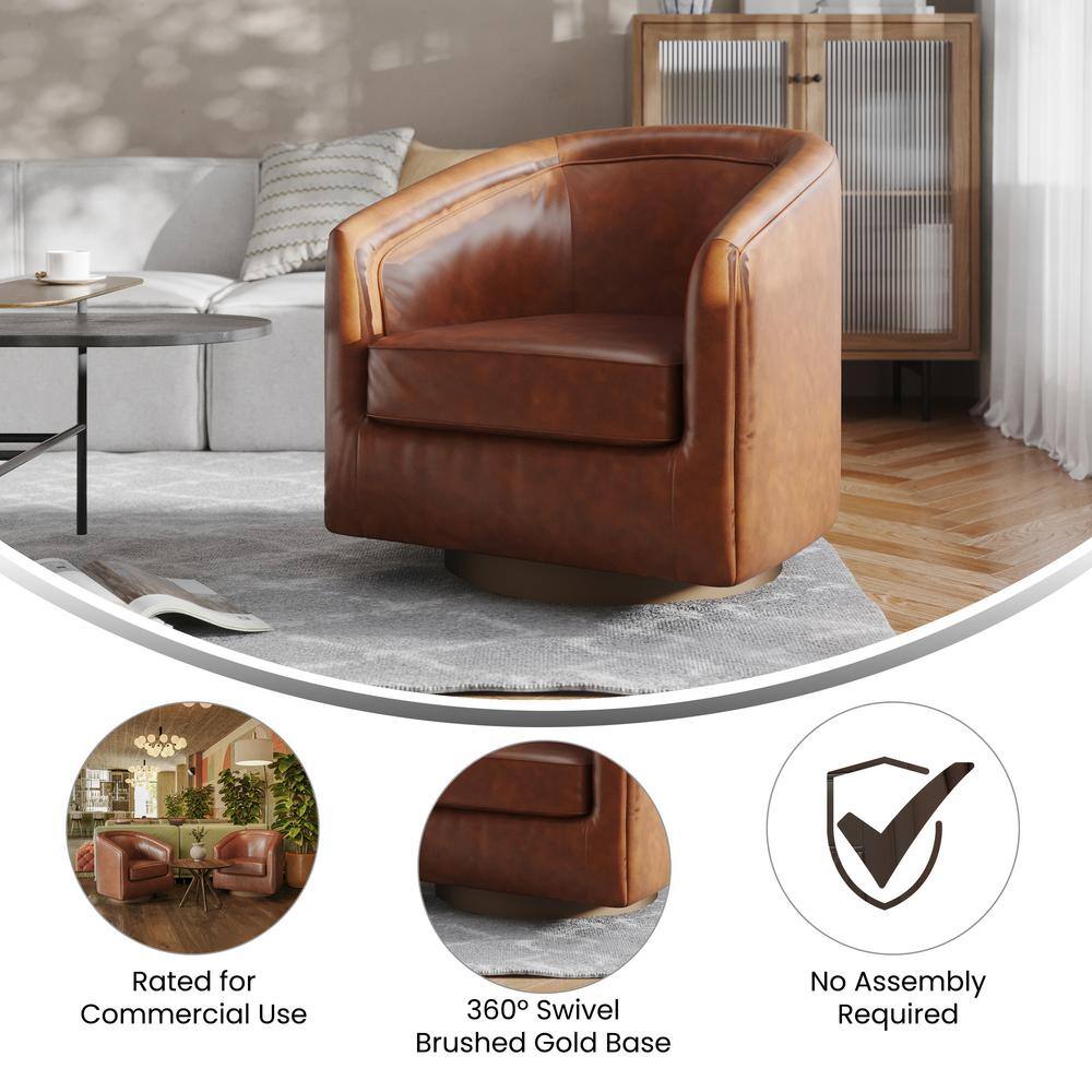 Brown Faux Leather Swivel Barrel Chair with Wood Base