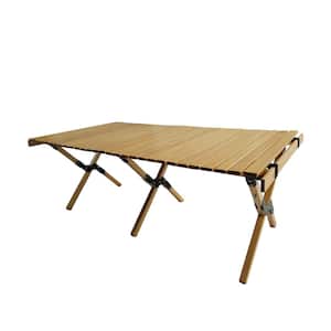 17.52 in. H  Natural Brown Solid Wood Foldable Outdoor Dining Table with Roll-up Table Top