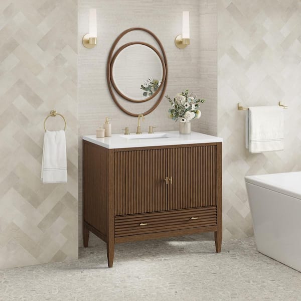 Myrrin 36.0 in. W x 23.5 in. D x 34.06 in. H Single Bathroom Vanity Mid-Century Walnut and White Zeus Quartz Top