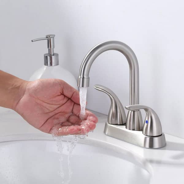 4 in. Centerset Double Handle High Arc Bathroom Faucet with Drain Kit Included and 360° Swivel Spout in Brushed Nickel